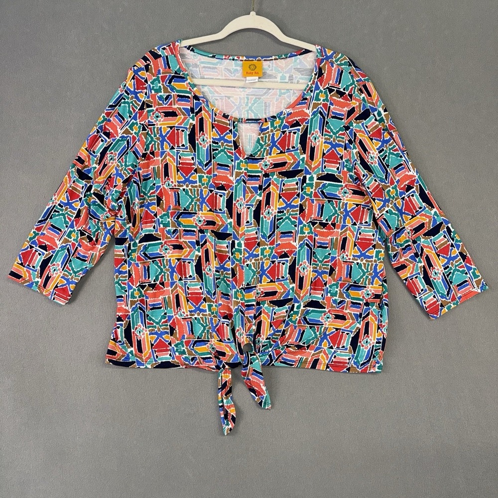 Women's Ruby Rd. 3/4 Sleeve Geometric Rayon Blend Blouse Top Multicolor Size XL